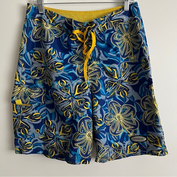 sideout Other - Vintage Y2K Sideout Men’s Hawaiian Flower Print Swim Trunks-Blue/Yellow Size 32